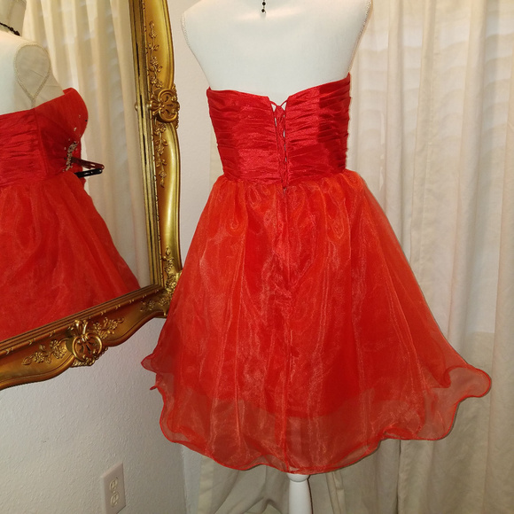 Red Strapless Jeweled Tulle Short Ball Gown Dress - Picture 2 of 6
